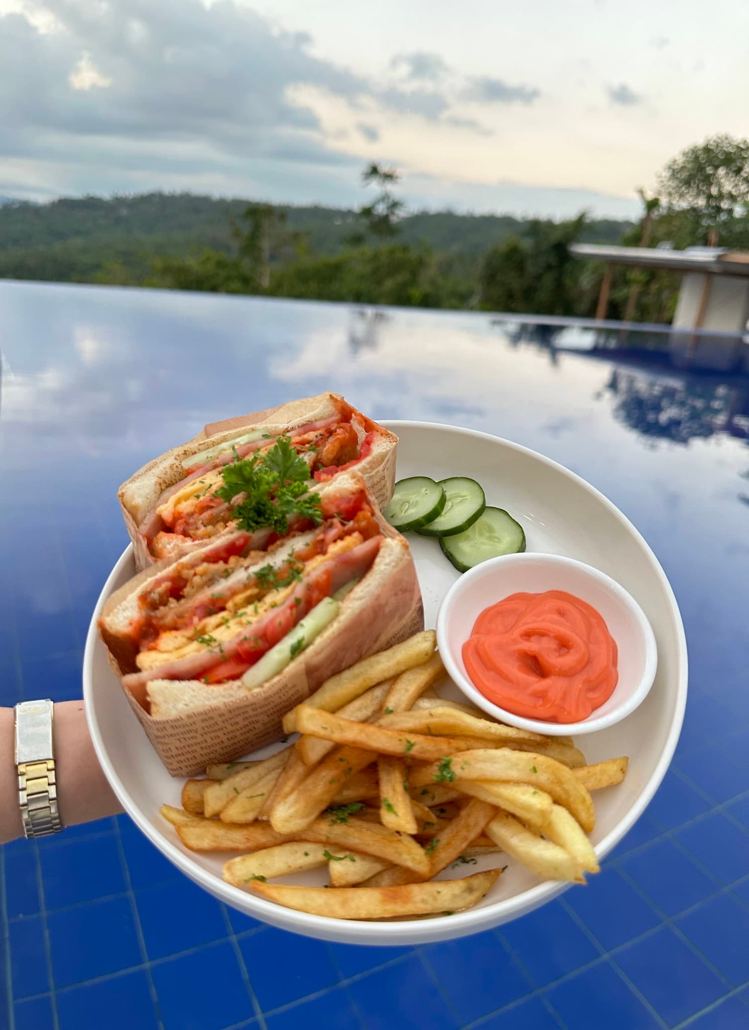 Merry Plates Clubhouse Sandwich with fries served by the infinity pool, Batangas