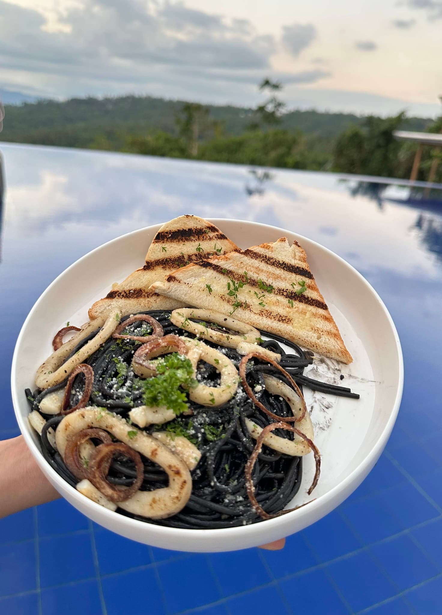 Black ink pasta with calamari held over the Merry Plates infinity pool