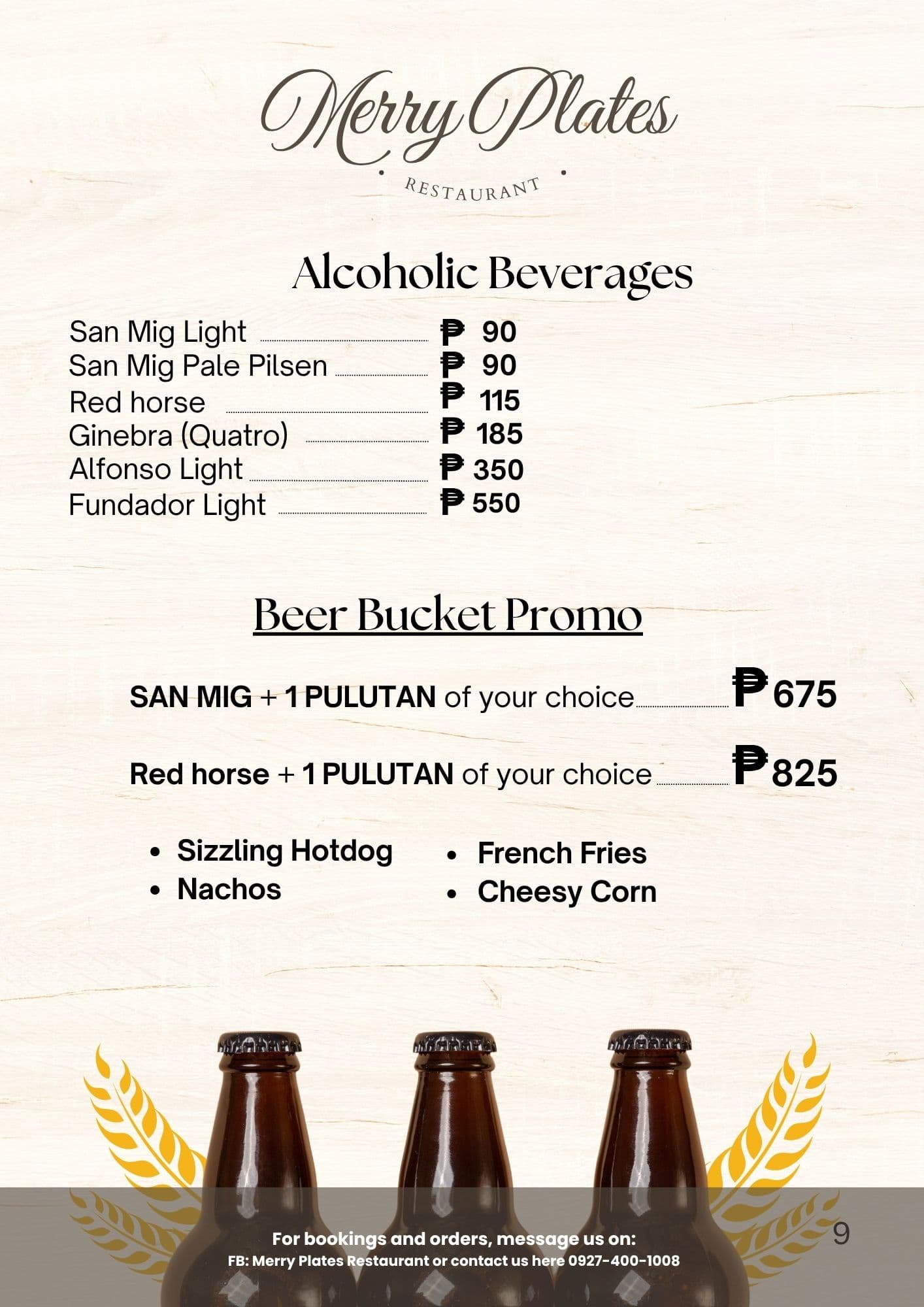 Merry Plates menu — Alcoholic Beverages and Beer Bucket Promo