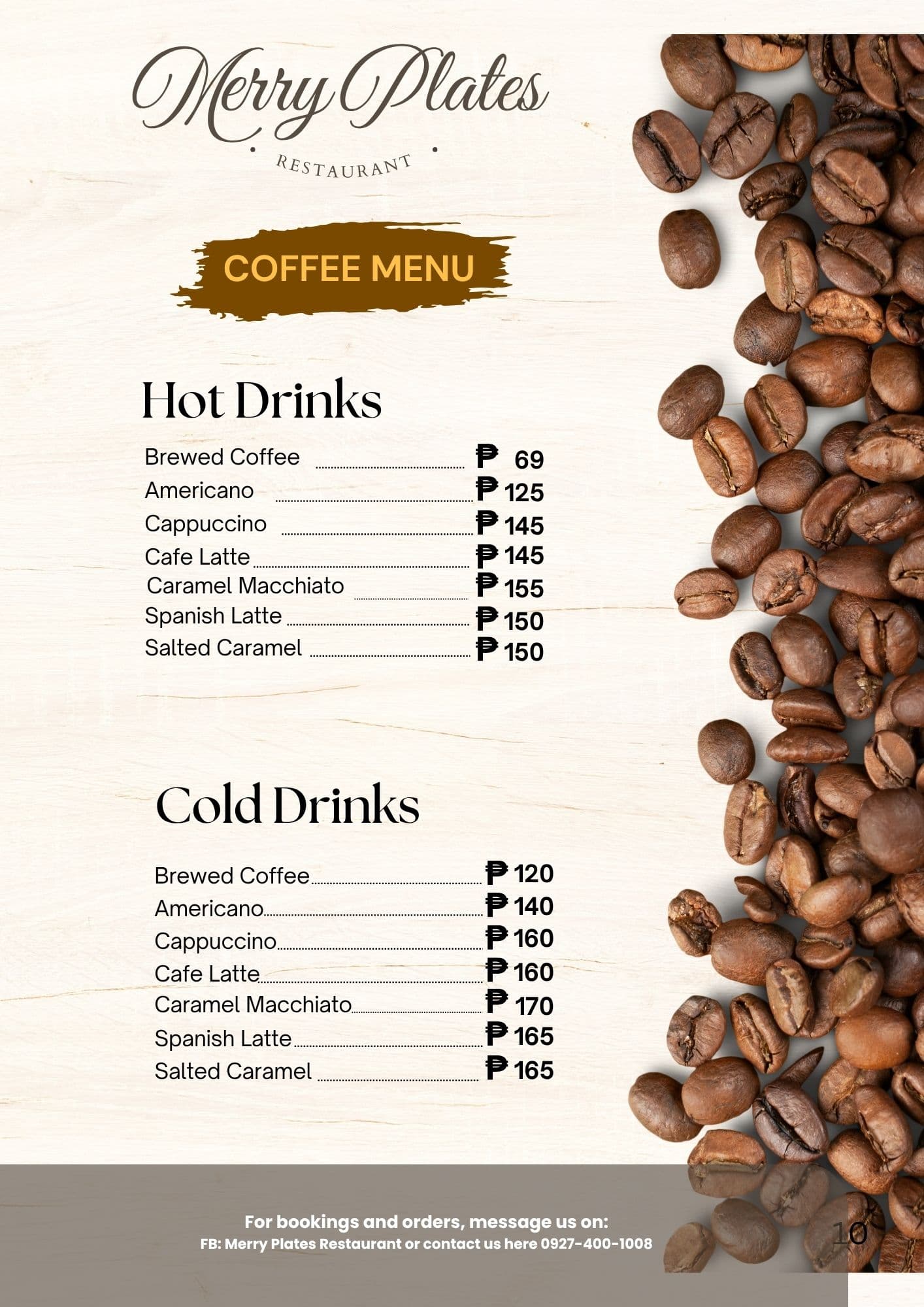 Merry Plates menu — Hot and Cold Coffee selections