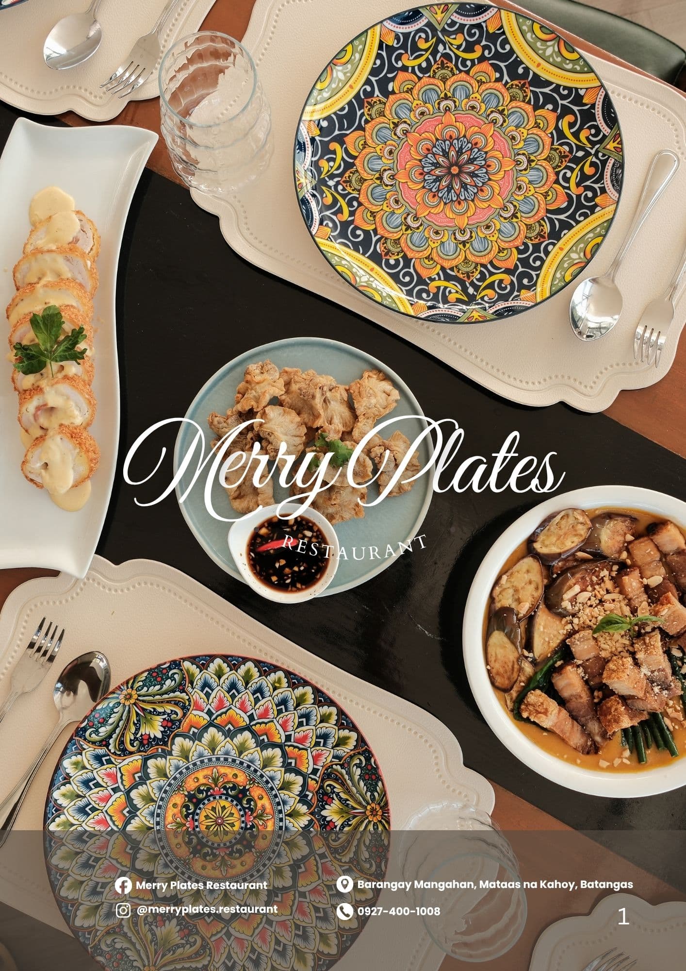 Merry Plates Restaurant menu cover — beautifully plated dishes