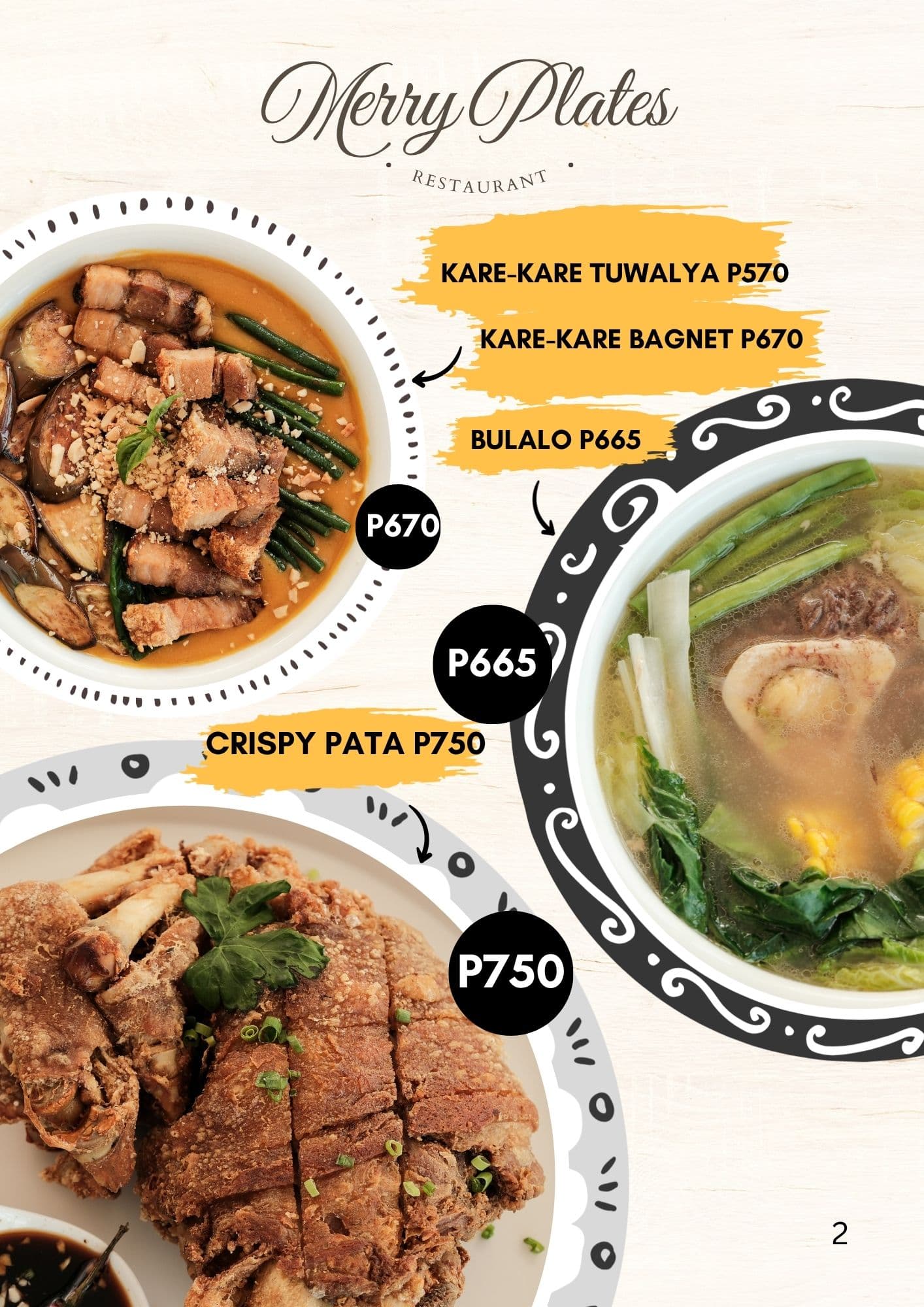Merry Plates menu — Kare-Kare, Bulalo, and Crispy Pata