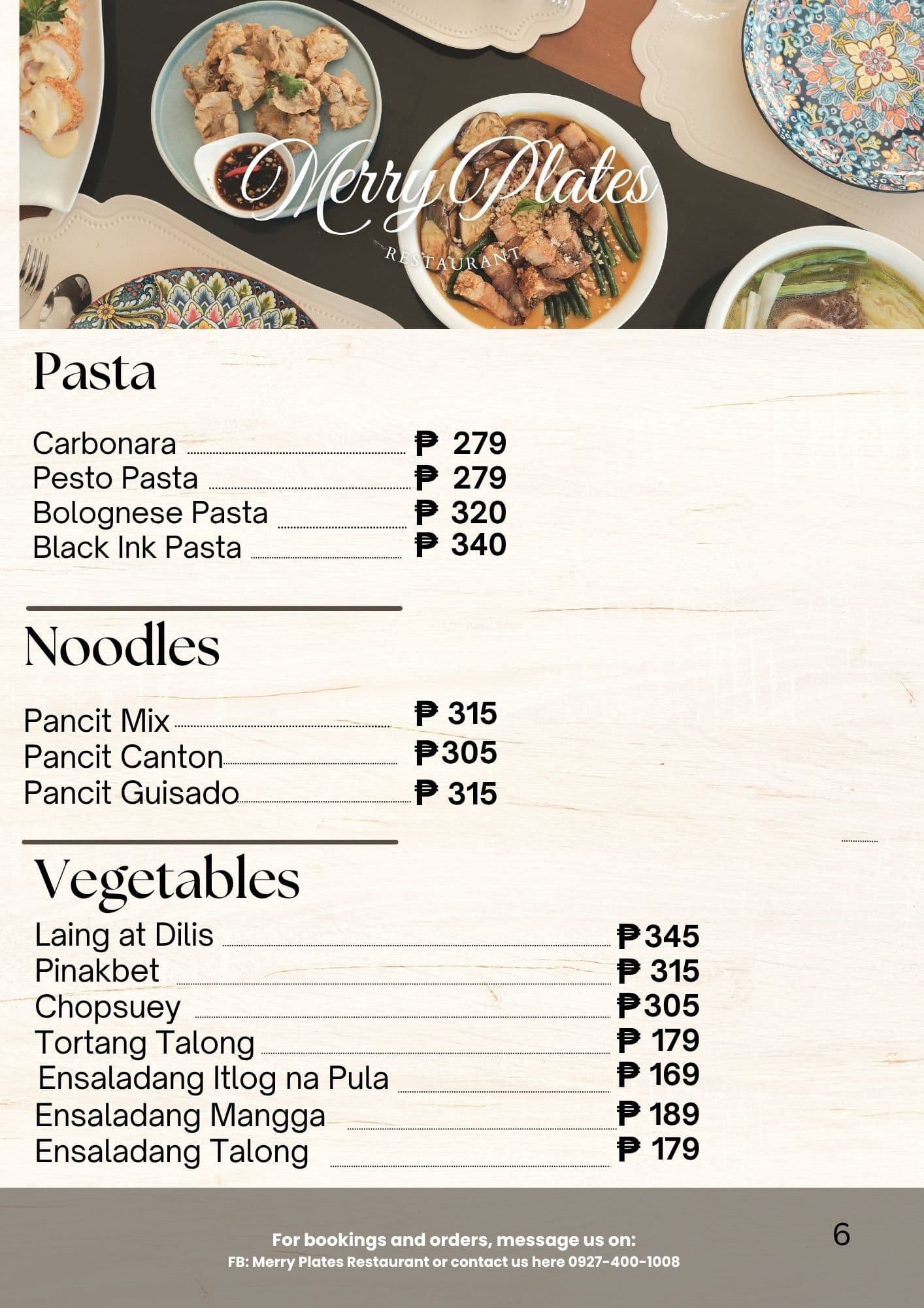 Merry Plates menu — Pasta, Pancit Noodles, and Vegetables