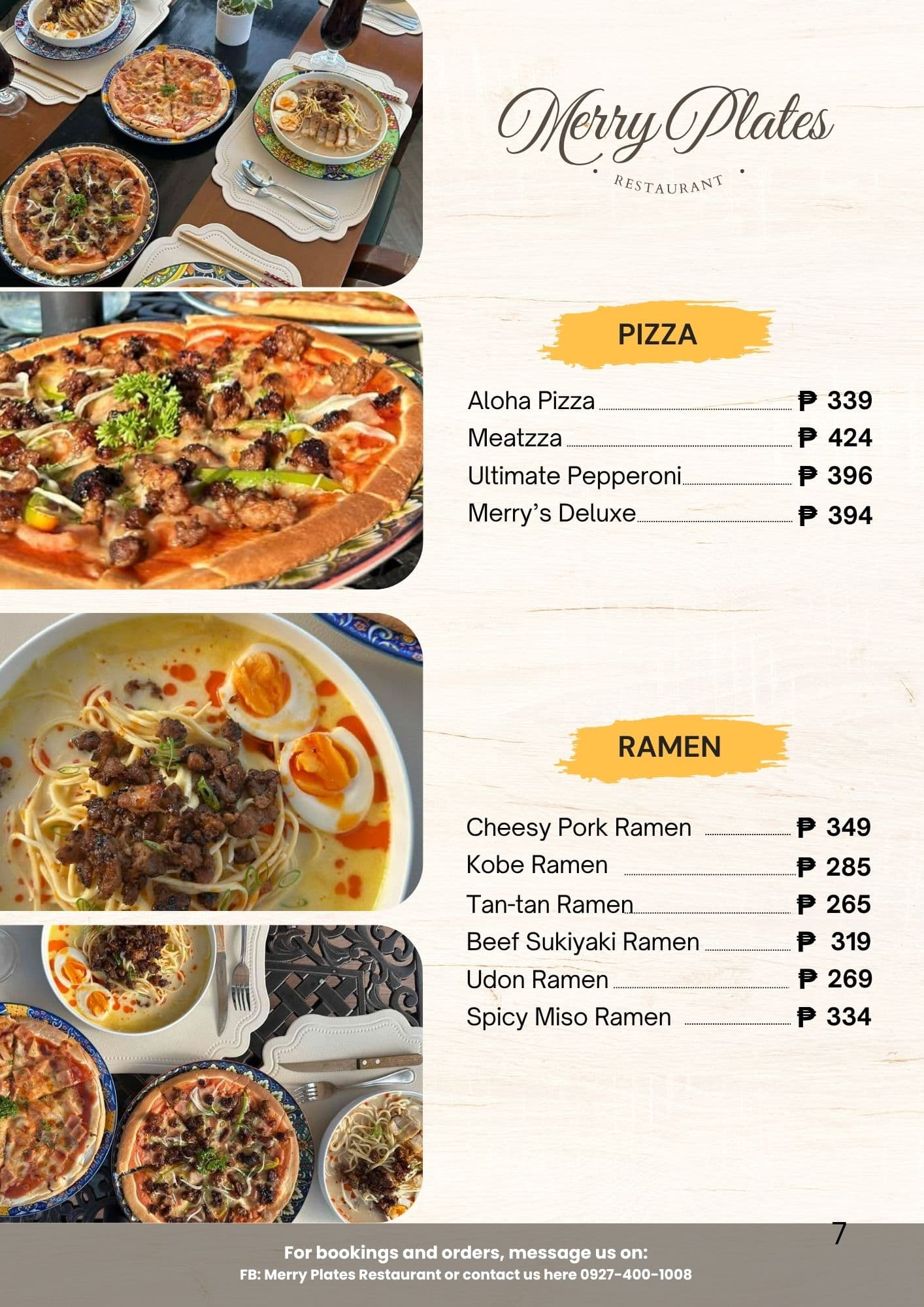Merry Plates menu — Pizza and Ramen selections with prices