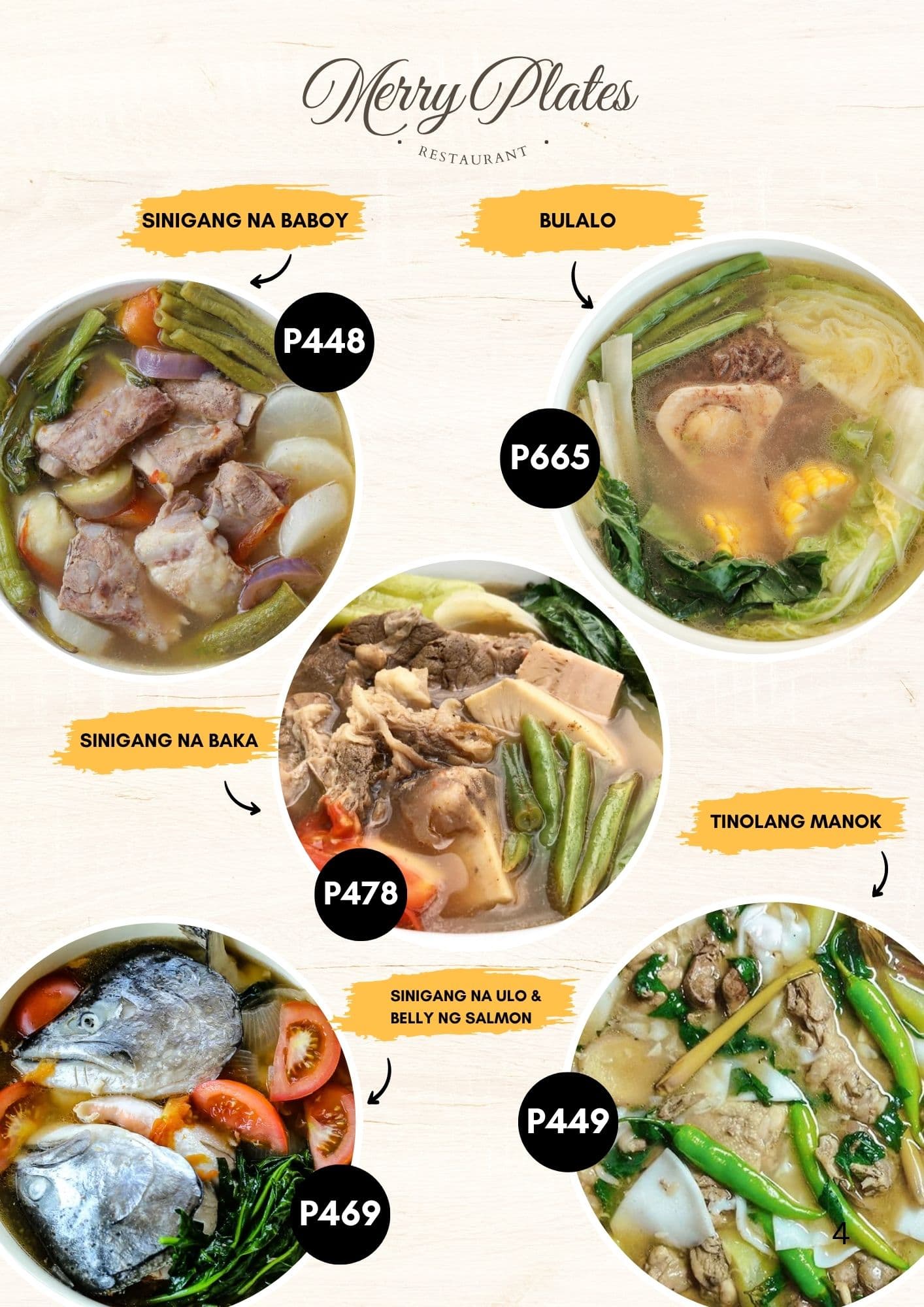 Merry Plates menu — Sinigang, Bulalo, and Tinolang Manok